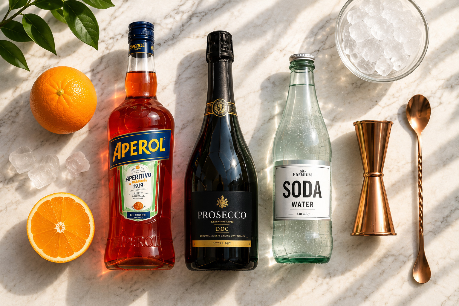 Υλικά για παρασκευή Aperol Spritz με prosecco και πορτοκάλι