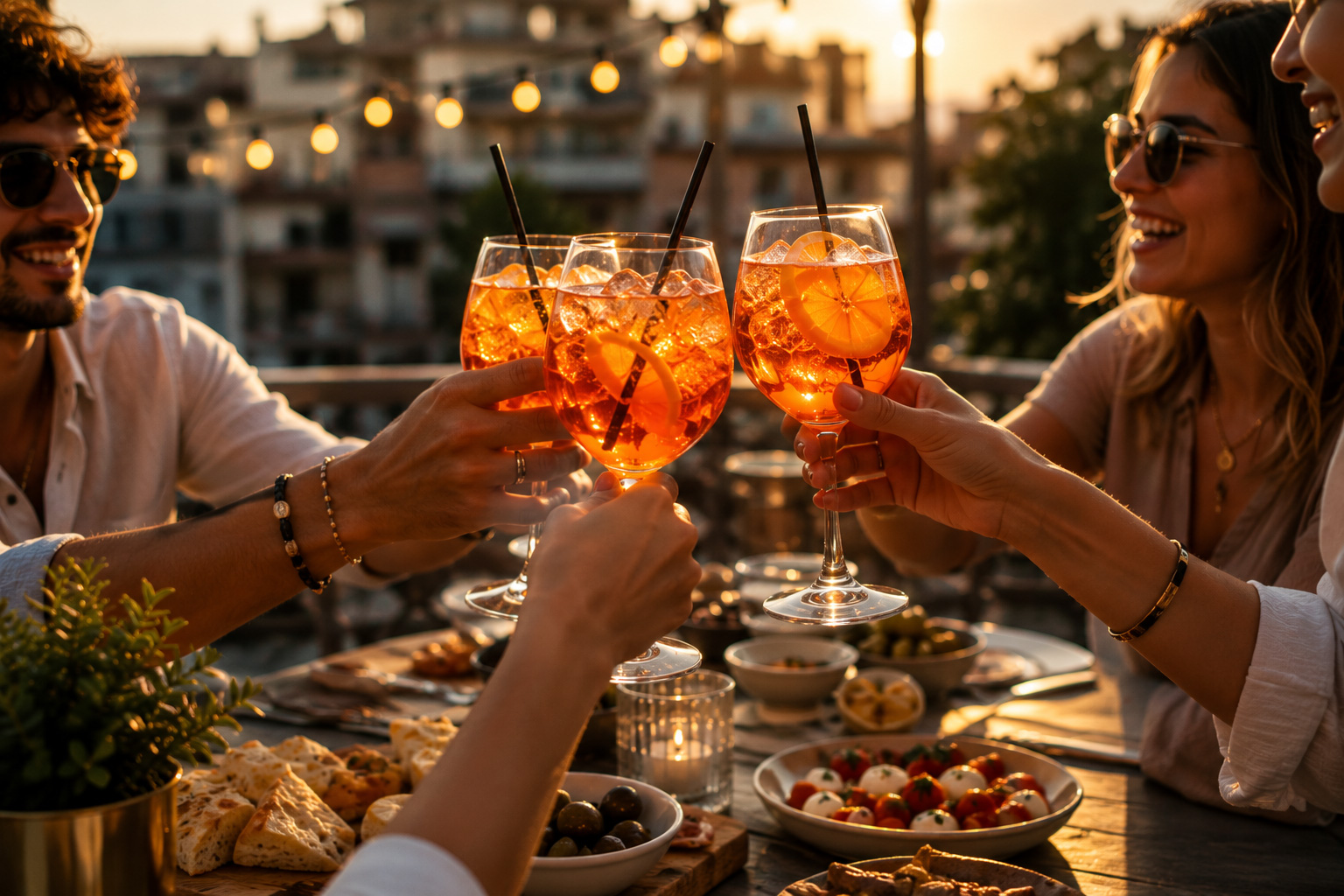Παρέα απολαμβάνει Spritz cocktails σε aperitivo dinner