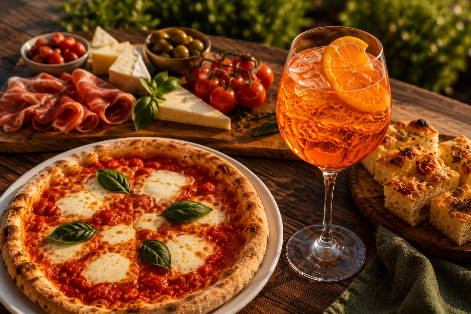 Aperol Spritz cocktail με pizza και πλατό τυριών